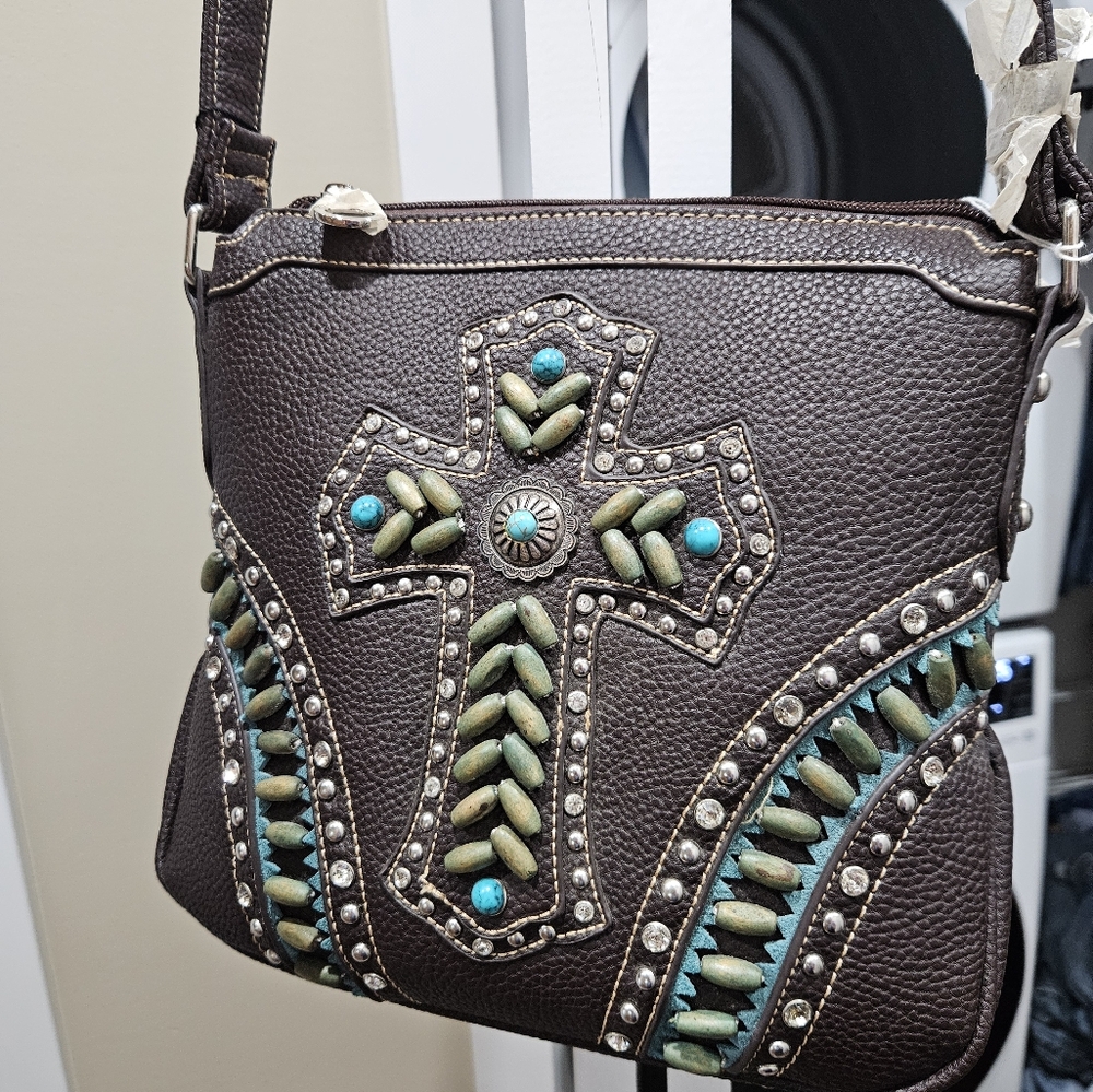 Montana West Brown and Blue Crossbody Bag with Turquoise Accents